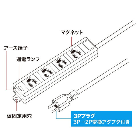 SANWA SUPPLY 전원 탭(빠짐 방지 타입) TAP-MG341N2-1 [1.0m /4개구 /스위치 없음][TAPMG341N21]