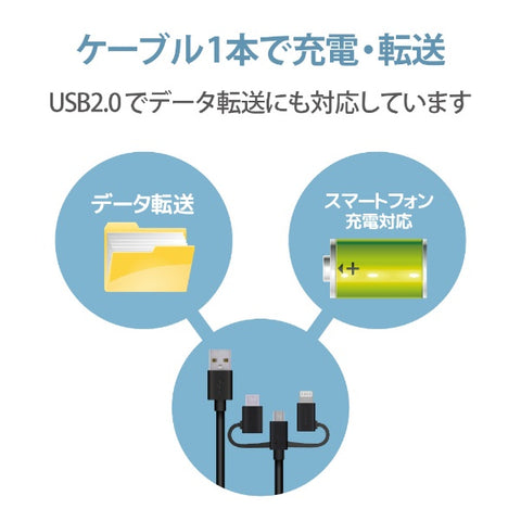 ELECOM Smartphone USB Cable 3in1 microUSB+Type-C+Lightning 1.2m Black MPA-AMBLCAD12BK