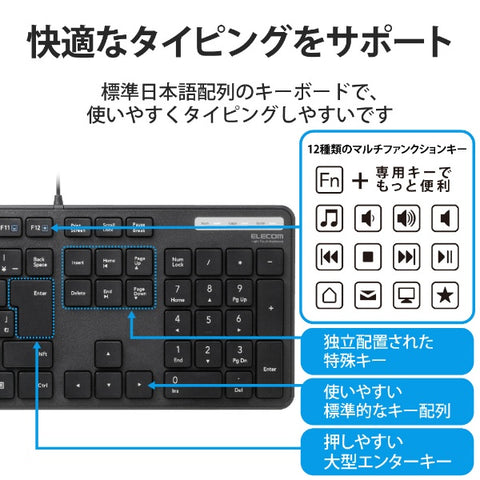 ELECOM Keyboard Antibacterial (Windows 11 Compatible) Black TK-FCM108KBK [Wired/USB]