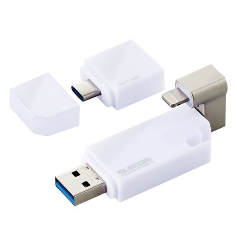 ELECOM USB 記憶體 MFi 認證 (相容於 Android/iOS/Mac/Windows11) 白色 MF-LGU3B064GWH [64GB /USB TypeA+USB TypeC+Lightning /USB3.2 /Cap type]