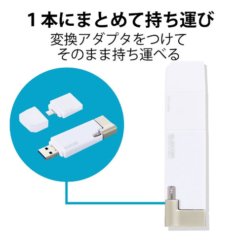 ELECOM USB 記憶體 MFi 認證 (相容於 Android/iOS/Mac/Windows11) 白色 MF-LGU3B064GWH [64GB /USB TypeA+USB TypeC+Lightning /USB3.2 /Cap type]