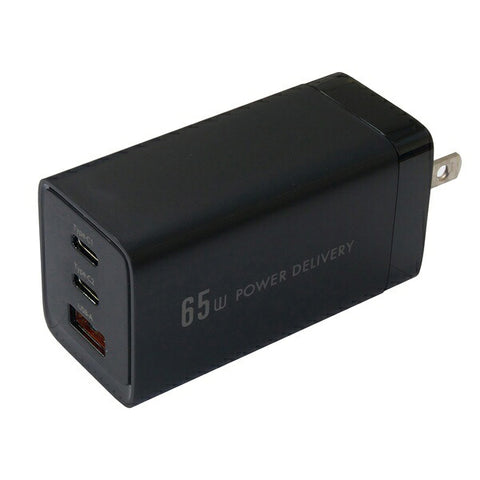 Osma PowerDelivery (PD) 호환 USB-AC 충전기 65W 3 포트 (Type-C X 2 + USB-A x 1) GAN PPS 출력 호환 블랙 ACUC2M-65ADBK [3 포트 / USB 전력 전달 / 스마트 IC 호환 /가 간 (Gallium NITHRIDE)