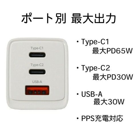 OSMA PowerDelivery（PD）対応USB-AC充電器 65W 3ポート（Type-C×2+USB-A×1） GaN使用 PPS出力対応 ホワイト ACUC2M-65ADWH [3ポート /USB Power Delivery対応 /Smart IC対応 /GaN(窒化ガリウム) 採用]