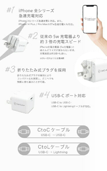FUNMAXJAPAN Cell Cube　折り畳み式プラグAC充電器　30W/PD　【極小】CC-AC06 Cell Cube　（セルキューブ） ホワイト CC-AC06 [1ポート /USB Power Delivery対応]