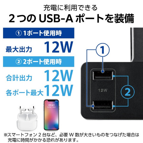 エレコム ＵＳＢクリップタップ　雷サージ付　ホコリシャッター付　３個口　ＵＳＢＡ×２　２．４Ａ　２．５ｍ T-U05-3225BK