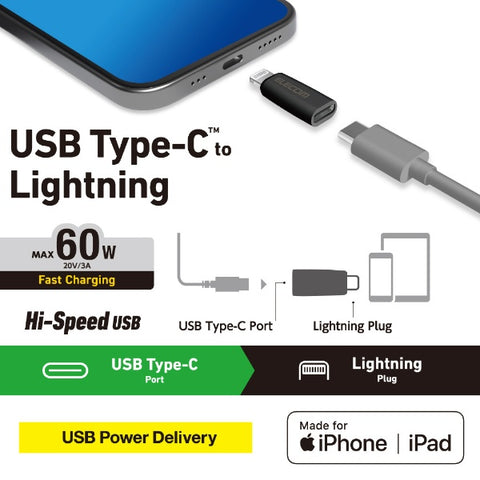 ELECOM USB-C to Lightning Conversion Adapter  PD compatible 60W fast charging compact [Equipped with Lightning port iPhone iPad AirPods iOS devices compatible] MFi certified product Black MPA-CFLMBK