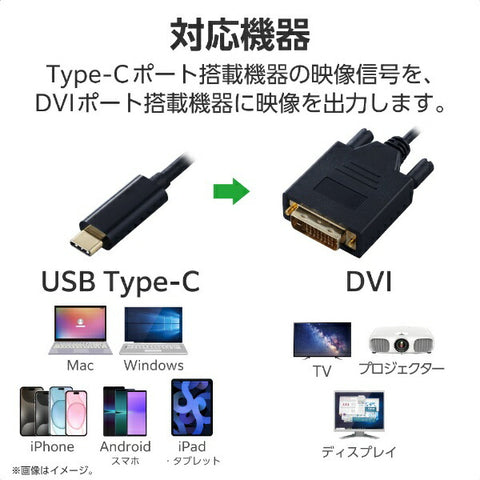 ELECOM USB-C ⇔ DVI 線 [視訊/2m] (相容於 Chrome/Android/iPadOS/iOS/Mac/Windows11) 黑色 CAC-CDVI20BK2