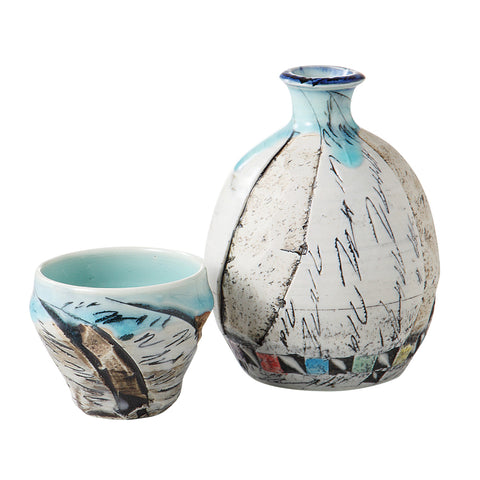 [Mino Ware] Sake Ware Set Blue -White Line 증분 [Cosmetic Box]