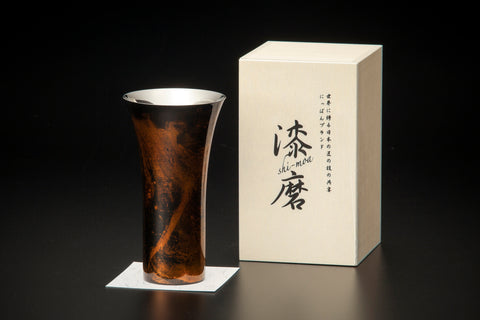 1層式　漆磨漆流しビアカップ (L) 黒ビャクダン  (越前和紙コースター10枚付)