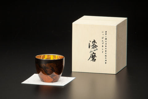 2層式　漆磨漆流しぐい呑み 黒ビャクダン ( 内金24Kメッキ)  (越前和紙コースター10枚付)