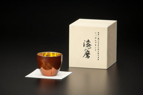 2層式　漆磨漆流しぐい呑み 赤ビャクダン ( 内金24Kメッキ)  (越前和紙コースター10枚付)