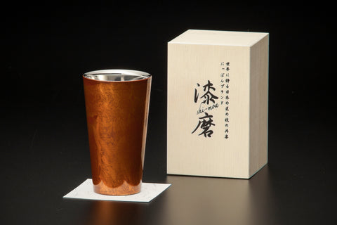 2層式 漆磨漆流しストレートカップ　赤ビャクダ  (越前和紙コースター10枚付)