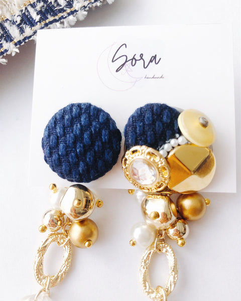 【Spring Aiiro】Indigo dyeing covered button clip-on earrings
