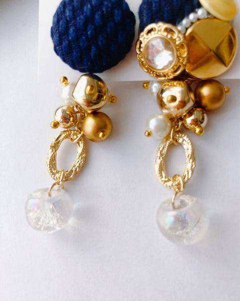 【Spring Aiiro】Indigo dyeing covered button clip-on earrings