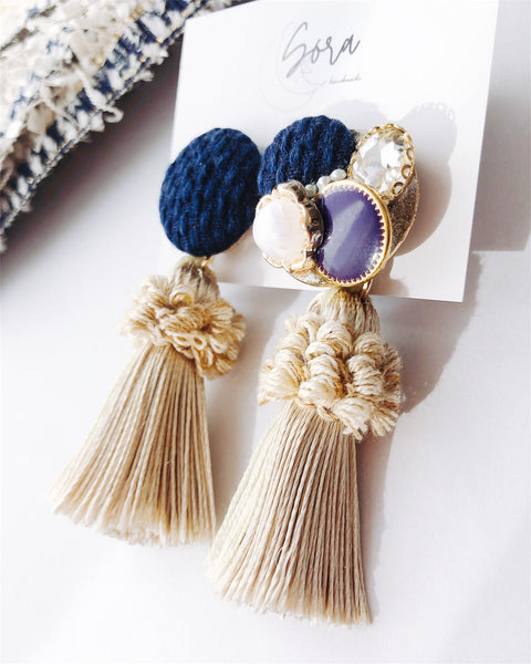 【Antique tassel Aiiro】Indigo dyeing covered button clip-on earrings