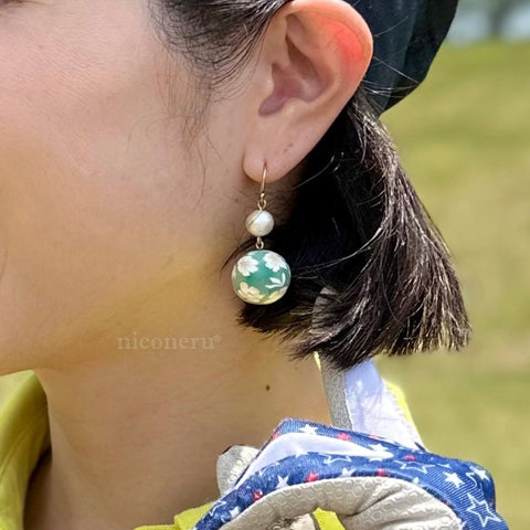 Colorful Flower Pattern Earrings Green Handcrafted in Japan