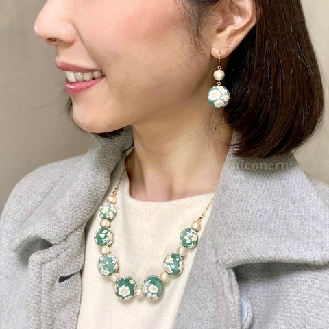 Colorful Flower Pattern Earrings Green Handcrafted in Japan