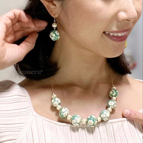 Colorful Flower Pattern Earrings Green Handcrafted in Japan