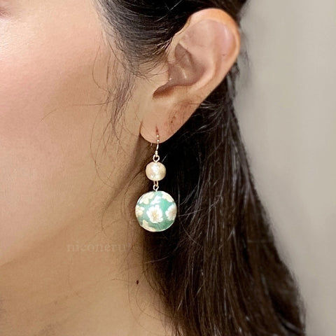 Colorful Flower Pattern Earrings Green Handcrafted in Japan