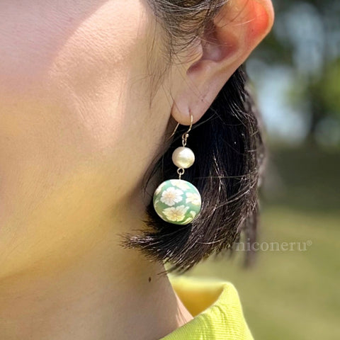 Colorful Flower Pattern Earrings Green Handcrafted in Japan