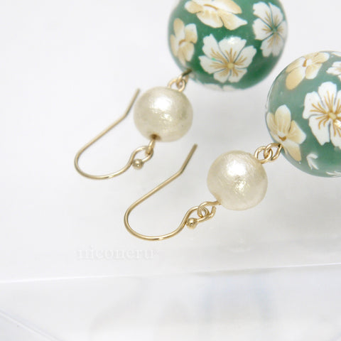 Colorful Flower Pattern Earrings Green Handcrafted in Japan