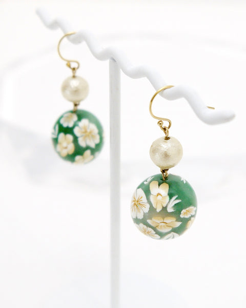 Colorful Flower Pattern Earrings Green Handcrafted in Japan