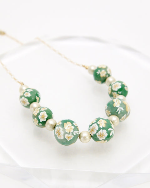Colorful Flower Pattern Necklace Green Handcrafted in Japan