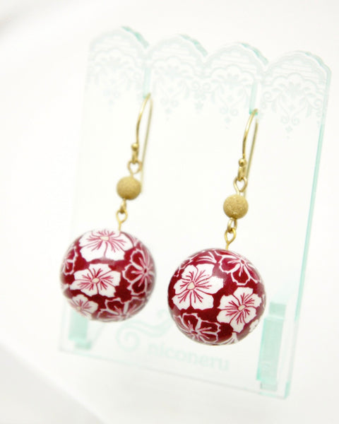 Colorful Flower Pattern Earrings Madder Red Handcrafted in Japan