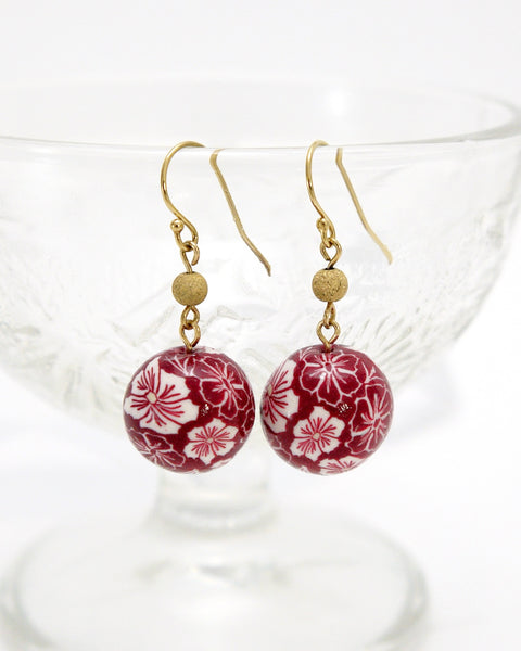 Colorful Flower Pattern Earrings Madder Red Handcrafted in Japan