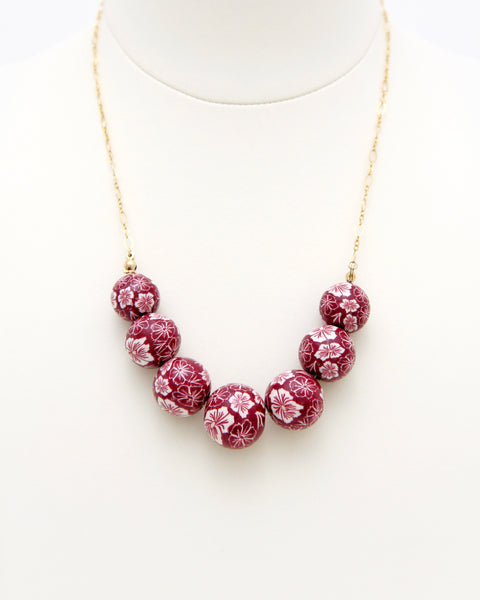 Colorful Flower Pattern Necklace Madder Red Handcrafted in Japan