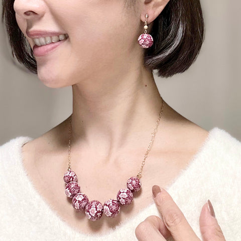 Colorful Flower Pattern Necklace Madder Red Handcrafted in Japan