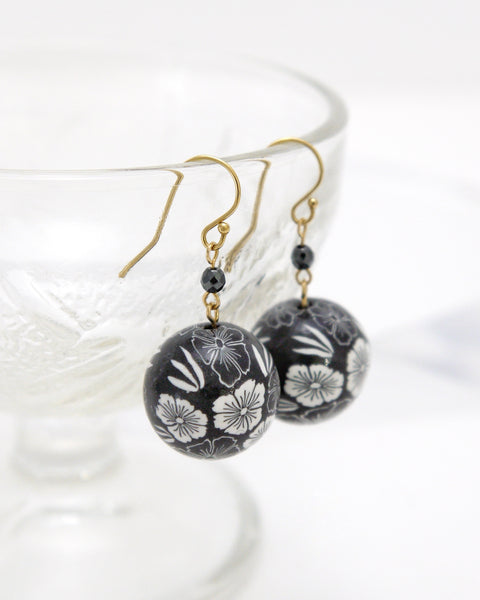 Colorful Flower Pattern Earrings Black Handcrafted in Japan
