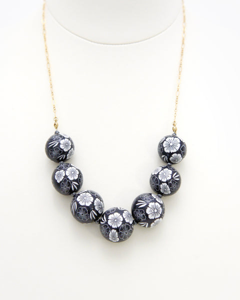 Colorful Flower Pattern Necklace Black Handcrafted in Japan