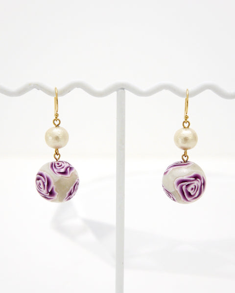 Colorful Flower Pattern Earrings Purple Rose Handcrafted in Japan