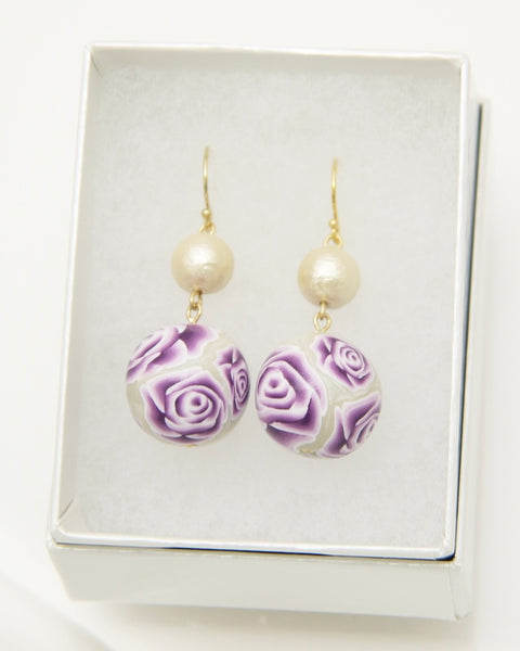Colorful Flower Pattern Earrings Purple Rose Handcrafted in Japan