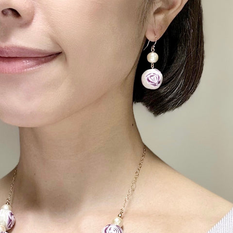 Colorful Flower Pattern Earrings Purple Rose Handcrafted in Japan
