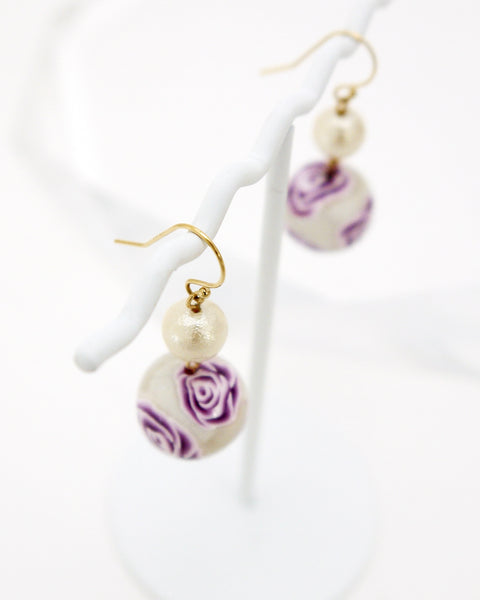 Colorful Flower Pattern Earrings Purple Rose Handcrafted in Japan