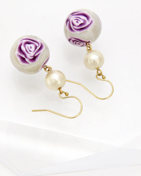 Colorful Flower Pattern Earrings Purple Rose Handcrafted in Japan