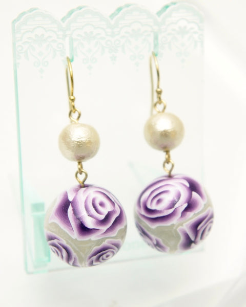 Colorful Flower Pattern Earrings Purple Rose Handcrafted in Japan