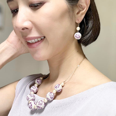 Colorful Flower Pattern Earrings Purple Rose Handcrafted in Japan