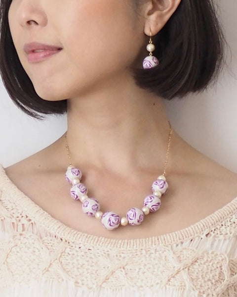 Colorful Flower Pattern Necklace Purple Rose Handcrafted in Japan
