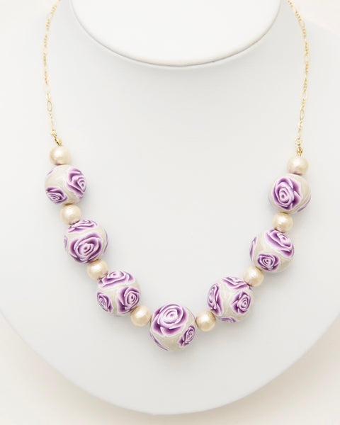 Colorful Flower Pattern Necklace Purple Rose Handcrafted in Japan