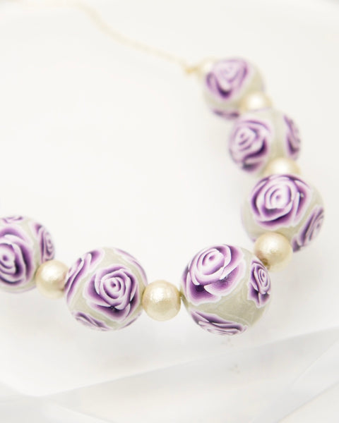 Colorful Flower Pattern Necklace Purple Rose Handcrafted in Japan