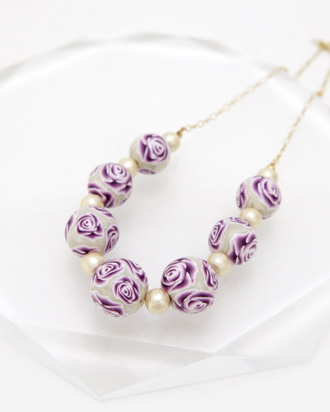 Colorful Flower Pattern Necklace Purple Rose Handcrafted in Japan
