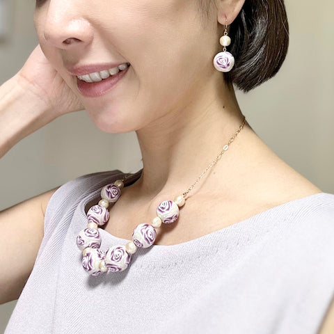 Colorful Flower Pattern Necklace Purple Rose Handcrafted in Japan