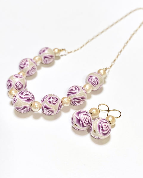 Colorful Flower Pattern Necklace Purple Rose Handcrafted in Japan