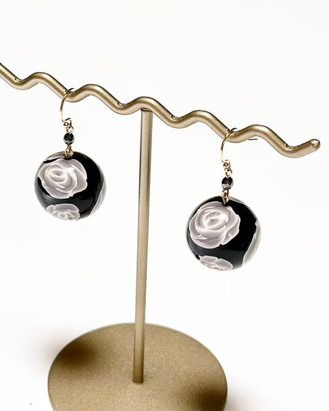 Colorful Flower Pattern Earrings Black Rose Handcrafted in Japan