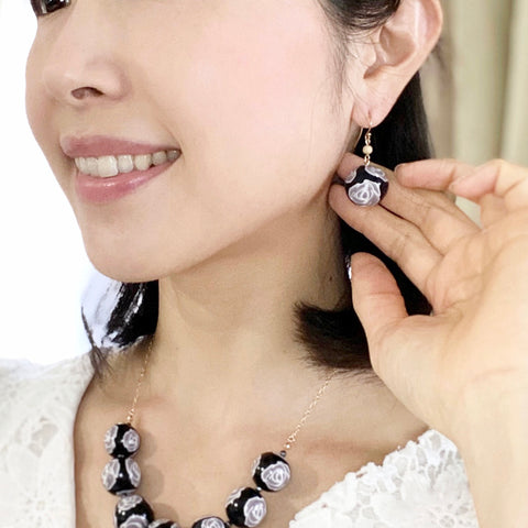 Colorful Flower Pattern Earrings Black Rose Handcrafted in Japan