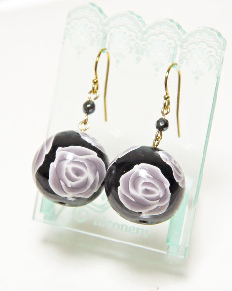 Colorful Flower Pattern Earrings Black Rose Handcrafted in Japan