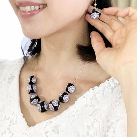 Colorful Flower Pattern Necklace Black Rose Handcrafted in Japan
